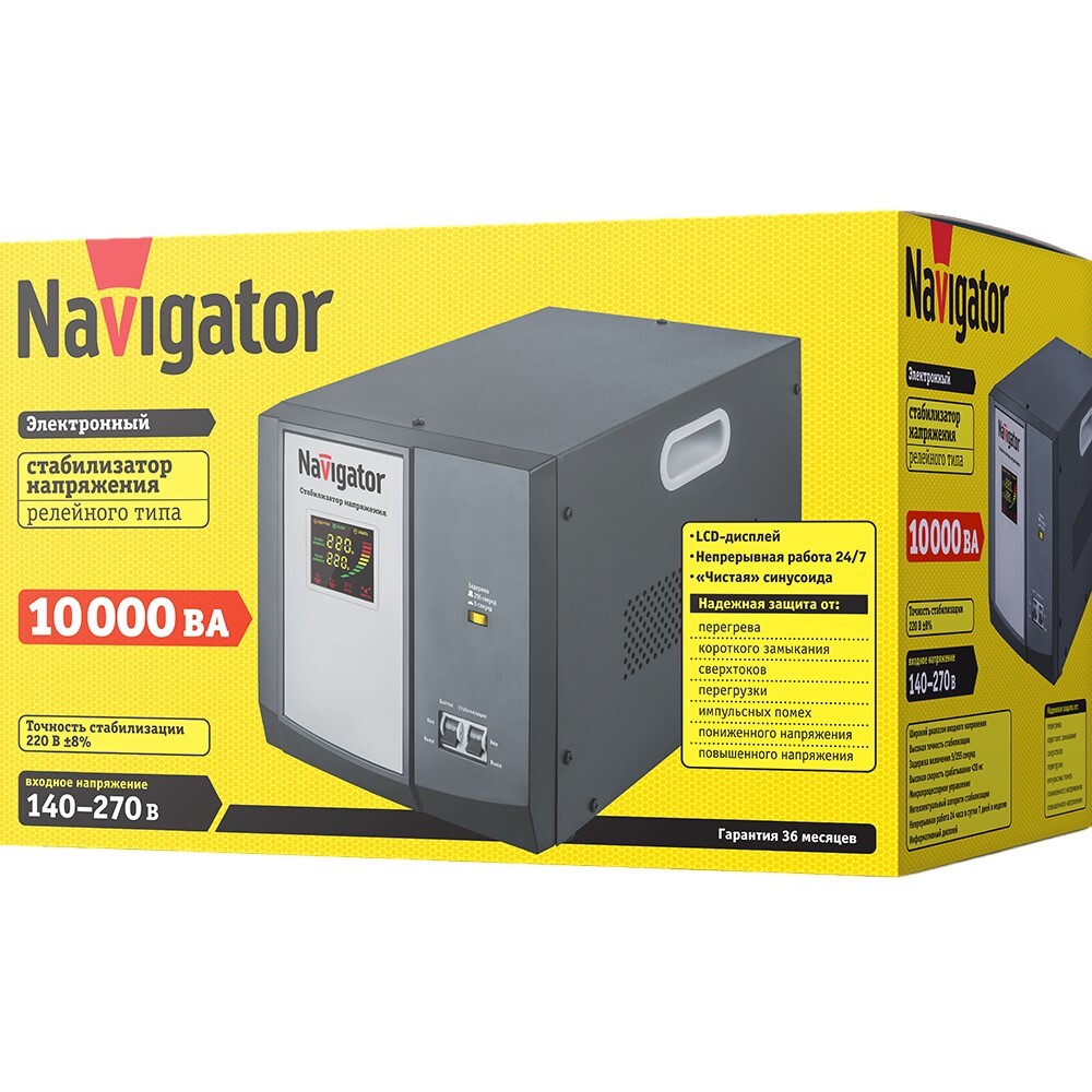 Стабилизатор напряжения Navigator NVR-RF1 однофазный 220 В 10 кВт переносной, Черный
Стабилизатор напряжения Navigator NVR-RF1 однофазный 220 В 10 кВт переносной, Черный