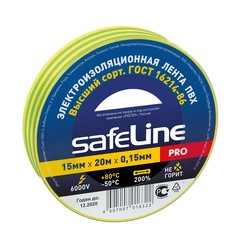 Изолента Safeline ПВХ желто-зеленая 15 мм 20 м односторонняя