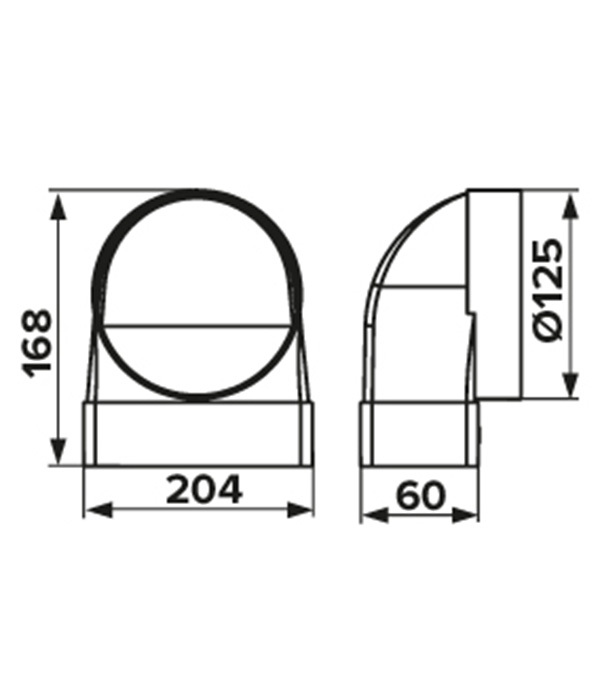 Соединитель угловой пластиковый для плоских воздуховодов 60х204 мм 90° с круглыми d125 мм фланцевое соединение Вид№4