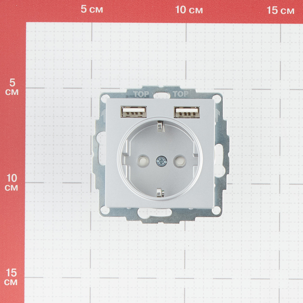 фото Розетка schneider electric atlas design atn000330 скрытая установка алюминий с заземлением два модуля usb