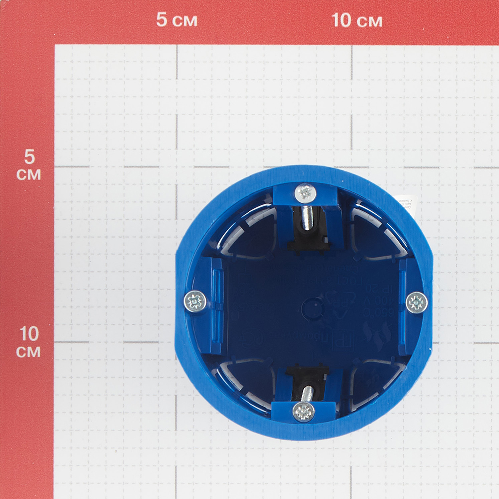 фото Подрозетник промрукав (80-0610) для гипсокартона d68х60 мм 4 ввода синий ip20 с пластмассовыми лапками с винтами безгалогенный