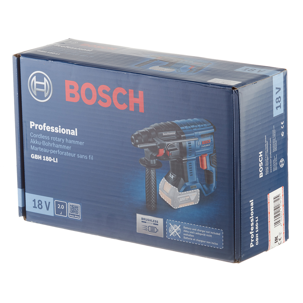 фото Перфоратор аккумуляторный bosch gbh 180-li brushless (0611911120) 2 дж 18в li-ion sds-plus без акб и зу