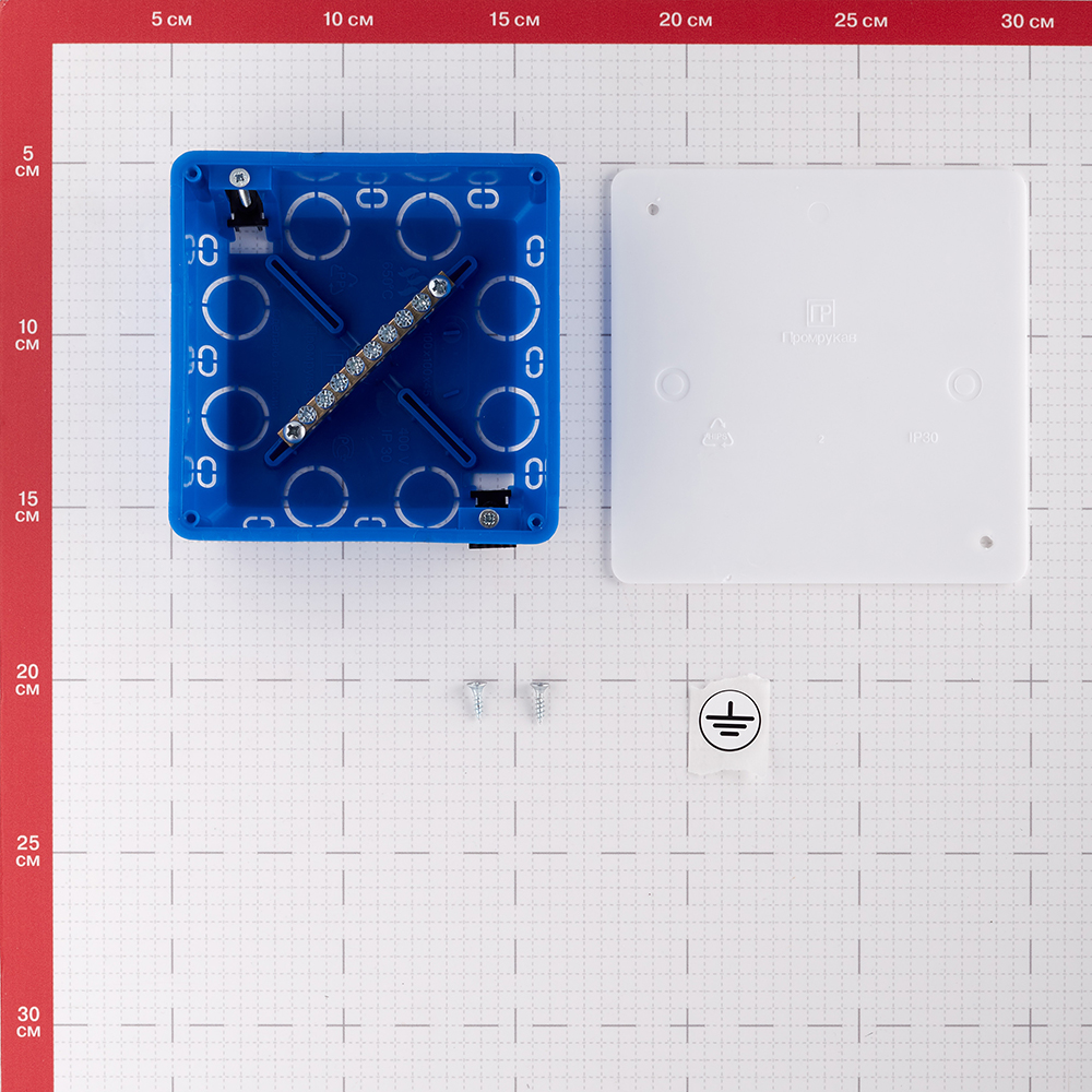 фото Коробка уравнивания потенциалов промрукав (80-0960с-у) для гипсокартона 103х103х47 мм 18 вводов синяя ip20 с крышкой с саморезами