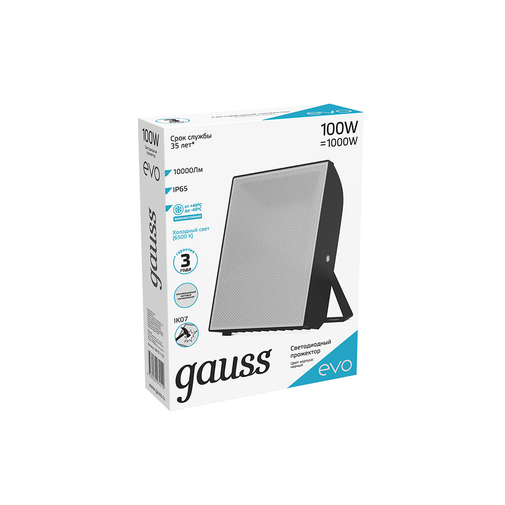 фото Прожектор светодиодный gauss evo 100 вт 100-240 в ip65 6500к холодный белый свет плоский корпус черный