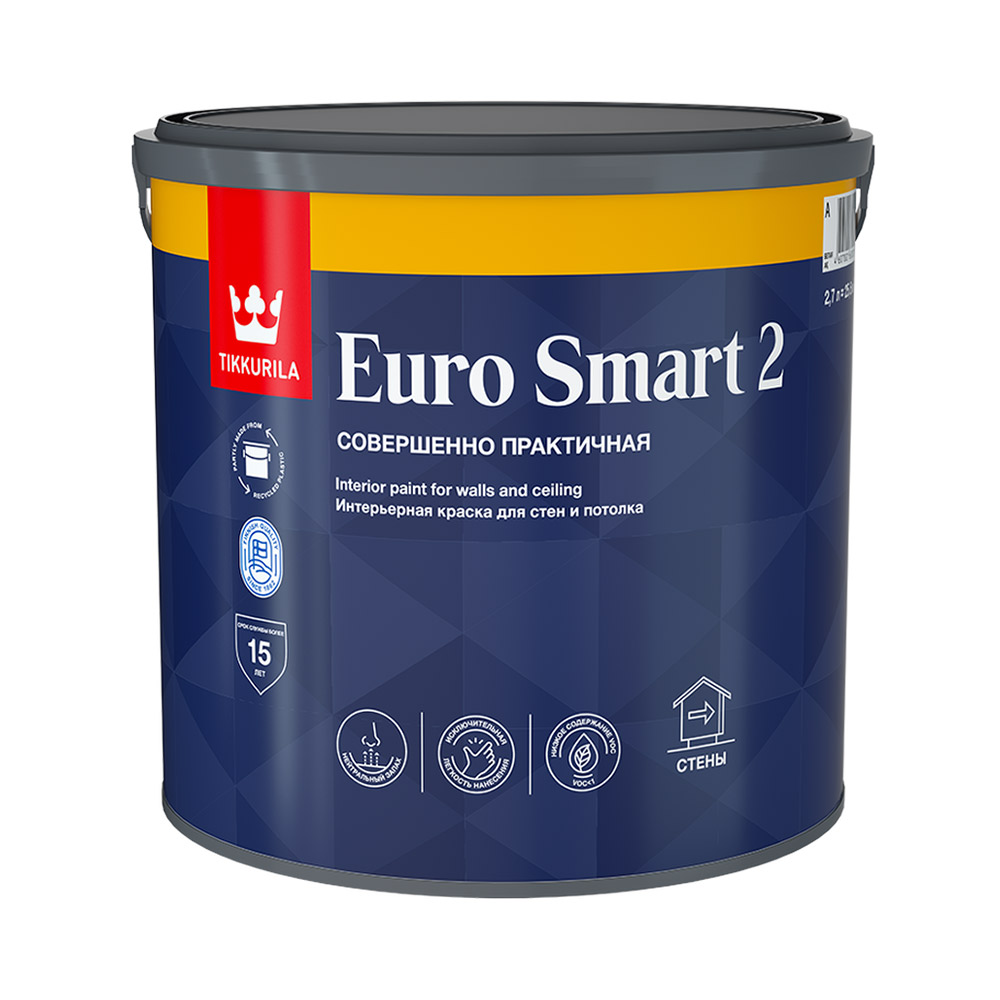 Краска интерьерная Tikkurila Euro Smart 2 база А белая 2,7 л краска tikkurila интерьерная euro smart 2 a гл мат белая 0 9л