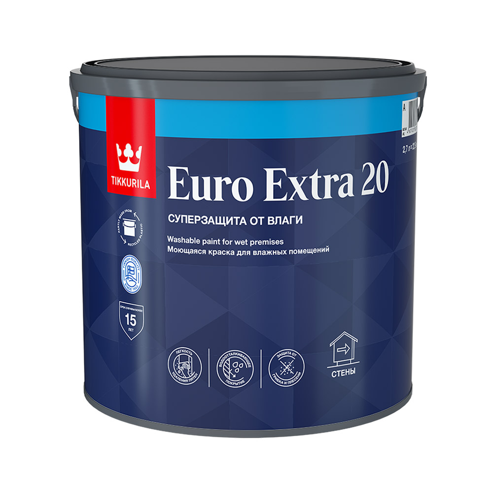 фото Краска водно-дисперсионная tikkurila euro extra 20 моющаяся белая основа а 2,7 л