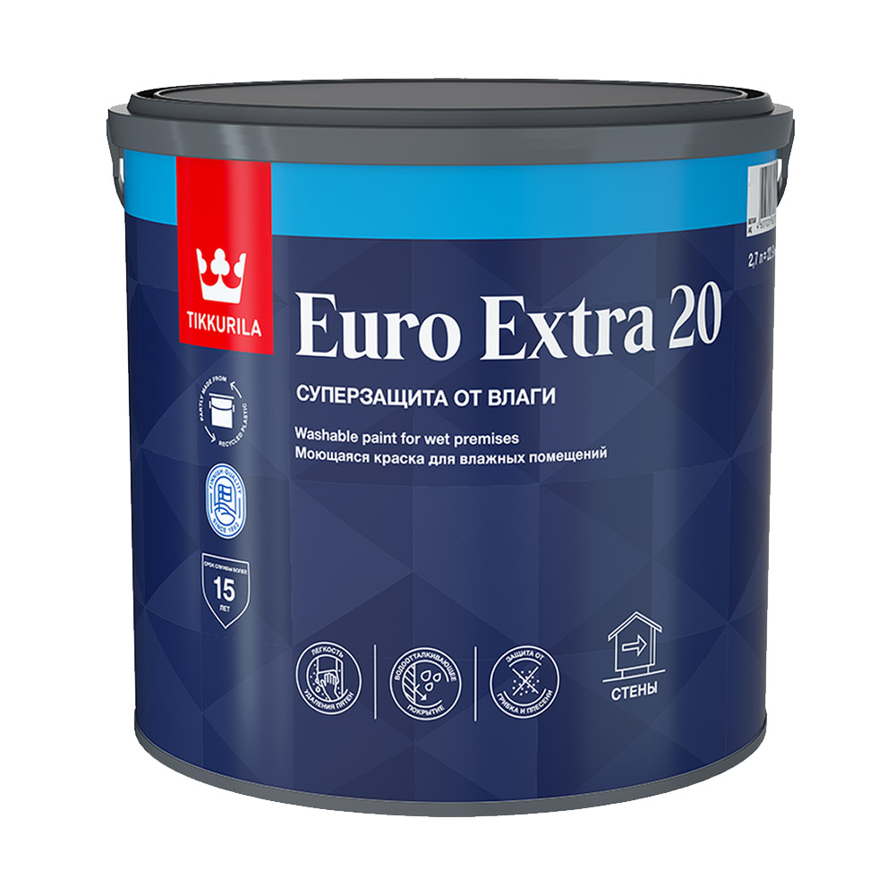 фото Краска водно-дисперсионная tikkurila euro extra 20 моющаяся прозрачная основа c 2,7 л
