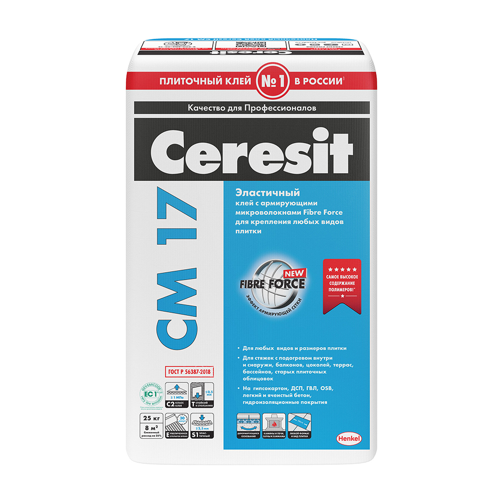 фото Клей для плитки и керамогранита ceresit cm 17 fibreforce эластичный серый (класс с2) 25 кг