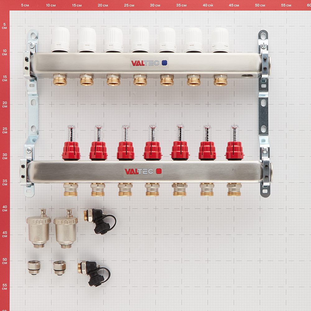 фото Коллекторная группа valtec (vtc.586.emnx.0607) 1 вр(г) х 7 выходов 3/4 нр(ш) ек х 1 вр(г) с расходомерами нержавеющая сталь