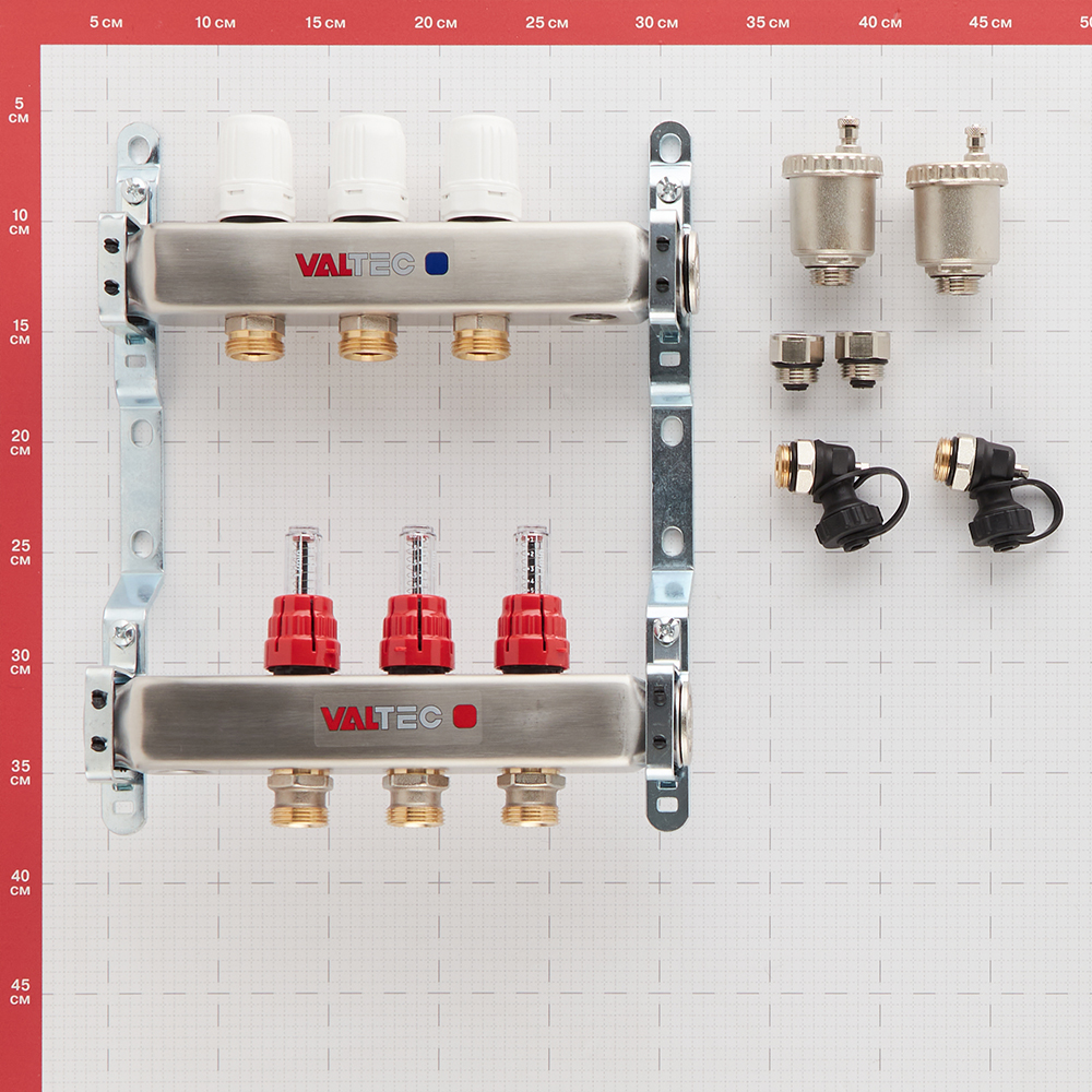 фото Коллекторная группа valtec (vtc.586.emnx.0603) 1 вр(г) х 3 выхода 3/4 нр(ш) ек х 1 вр(г) со встроенными расходомерами в сборе нержавеющая сталь