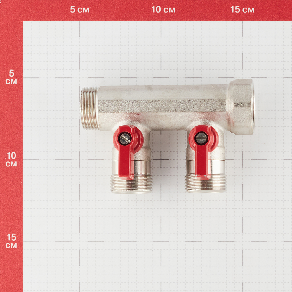 фото Коллектор henco (vb050502-rood) 3/4 вр(г) х 2 выхода 3/4 нр(ш) ек х 3/4 нр(ш) с шаровыми кранами