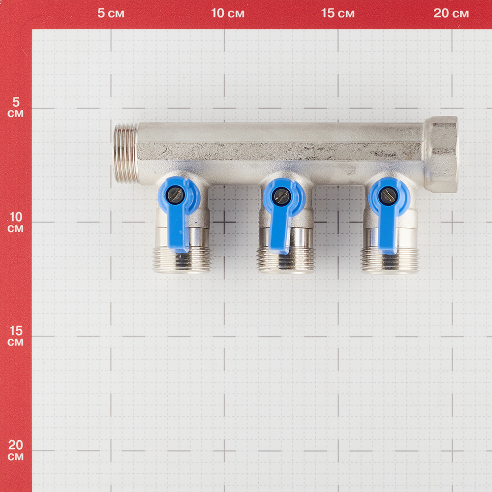 фото Коллектор henco (vb050503-blauw) 3/4 вр(г) х 3 выхода 3/4 нр(ш) ек х 3/4 нр(ш) с шаровыми кранами