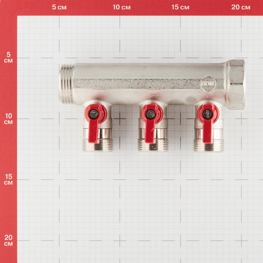 фото Коллектор henco (vb060503-rood) 1 вр(г) х 3 выхода 3/4 нр(ш) ек х 1 нр(ш) с шаровыми кранами