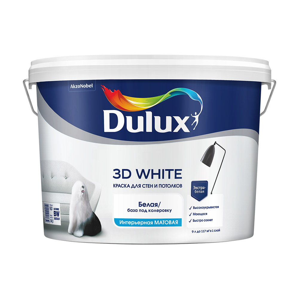фото Краска водно-дисперсионная интерьерная dulux 3d white белая основа bw 9 л