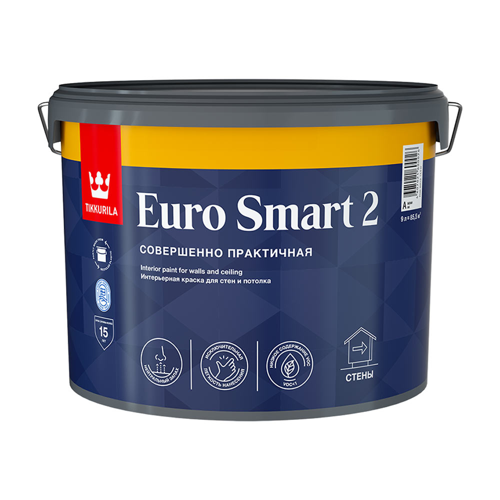 Краска интерьерная Tikkurila Euro Smart 2 база А белая 9 л краска tikkurila интерьерная euro smart 2 a гл мат белая 0 9л