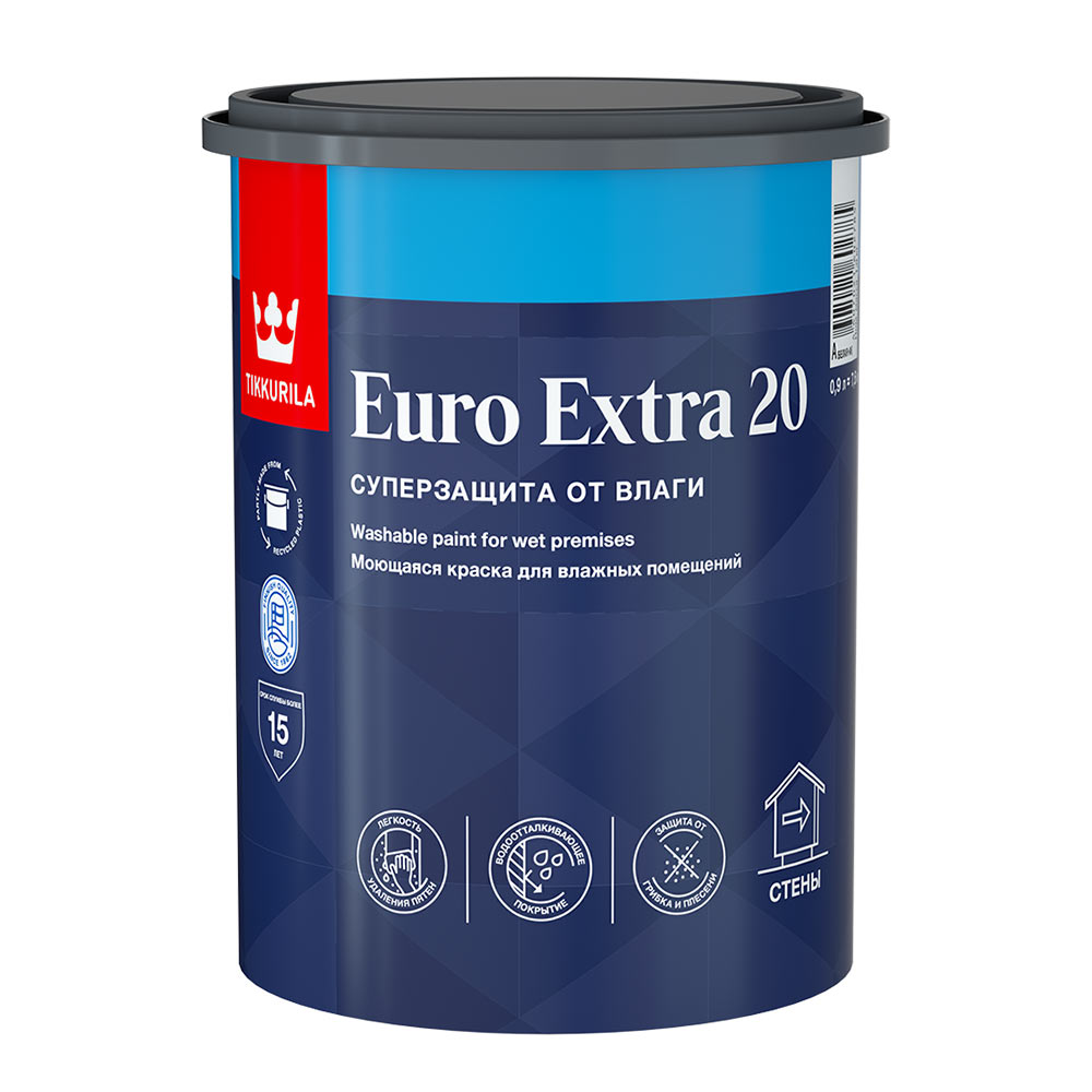 Краска водно-дисперсионная Tikkurila Euro Extra 20 моющаяся белая основа А 0,9 л