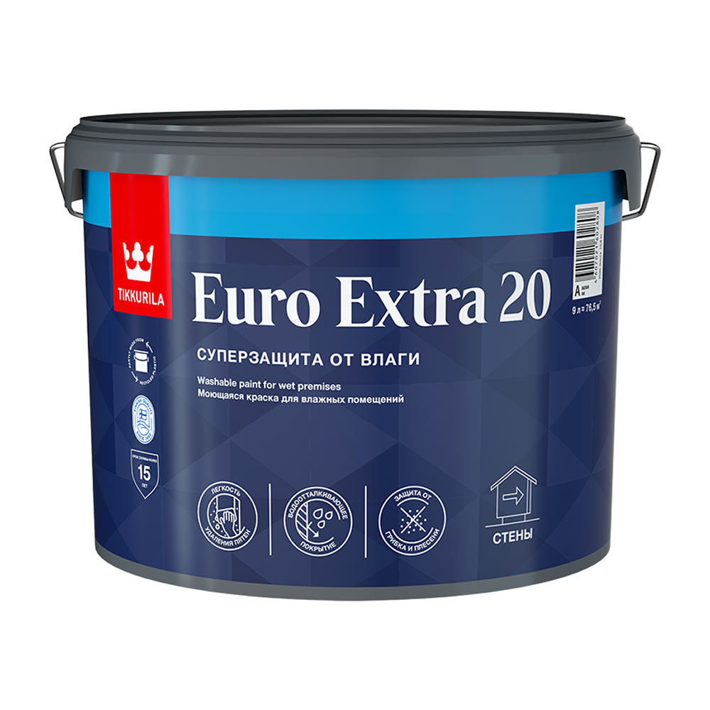 Краска моющаяся Tikkurila Euro Extra 20 база А белая 9 л краска моющаяся tikkurila euro extra 20 база с бесцветная 9 л