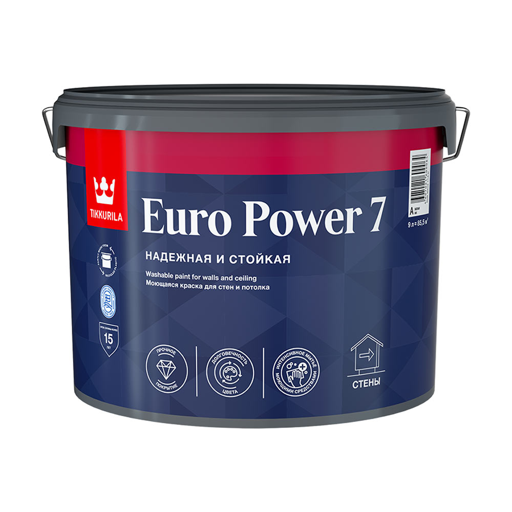 Краска моющаяся Tikkurila Euro Power 7 база А белая 9 л краска моющаяся tikkurila euro power 7 база а белая 9 л