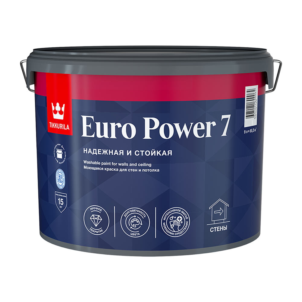 Краска моющаяся Tikkurila Euro Power 7 база С бесцветная 9 л краска моющаяся tikkurila euro extra 20 база с бесцветная 9 л