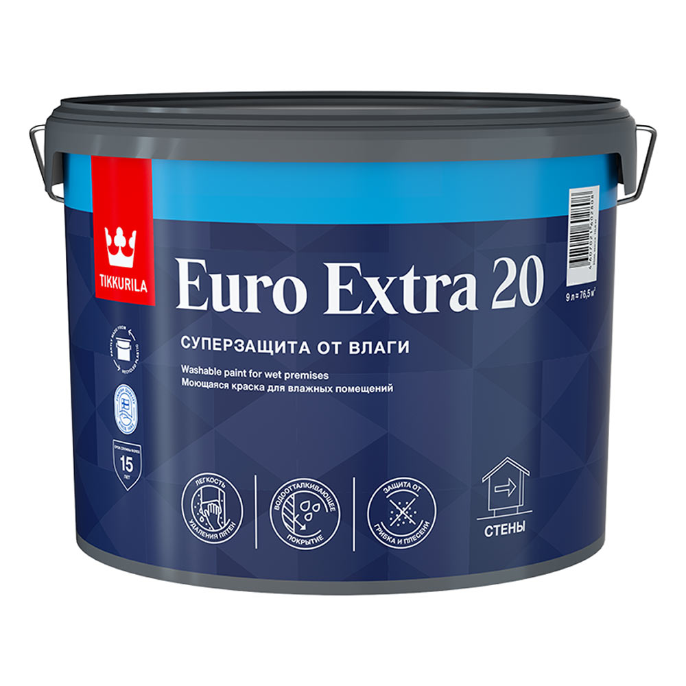 Краска моющаяся Tikkurila Euro Extra 20 база С бесцветная 9 л краска моющаяся tikkurila joker база с бесцветная 9 л