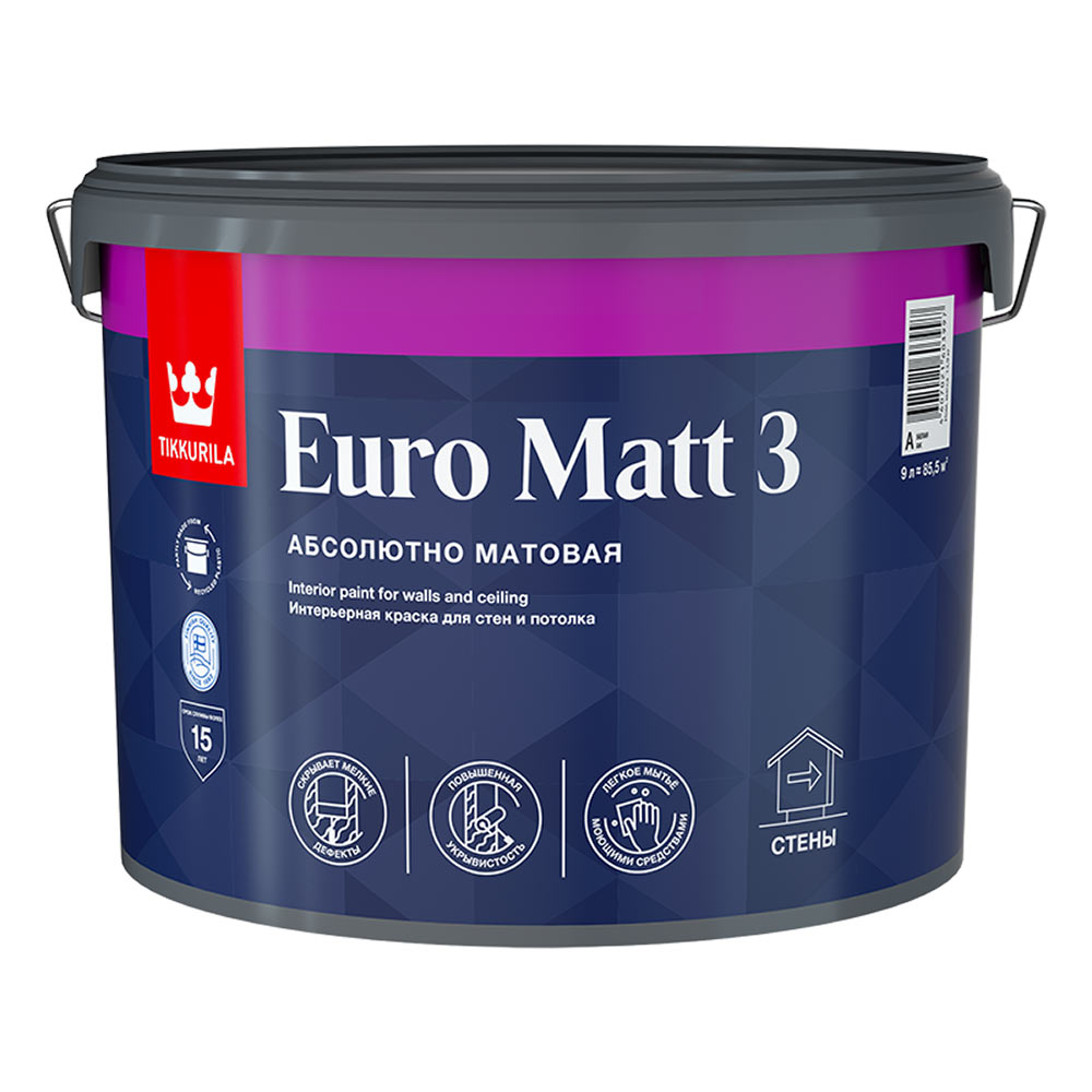 Краска интерьерная Tikkurila Euro Matt 3 база А белая 9 л краска интерьерная tikkurila euro matt 3 база а белая 2 7 л