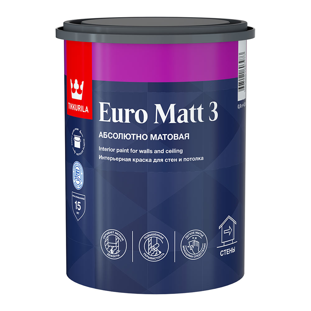 Краска интерьерная Tikkurila Euro Matt 3 база С бесцветная 0,9 л краска интерьерная tikkurila euro matt 3 база а белая 9 л