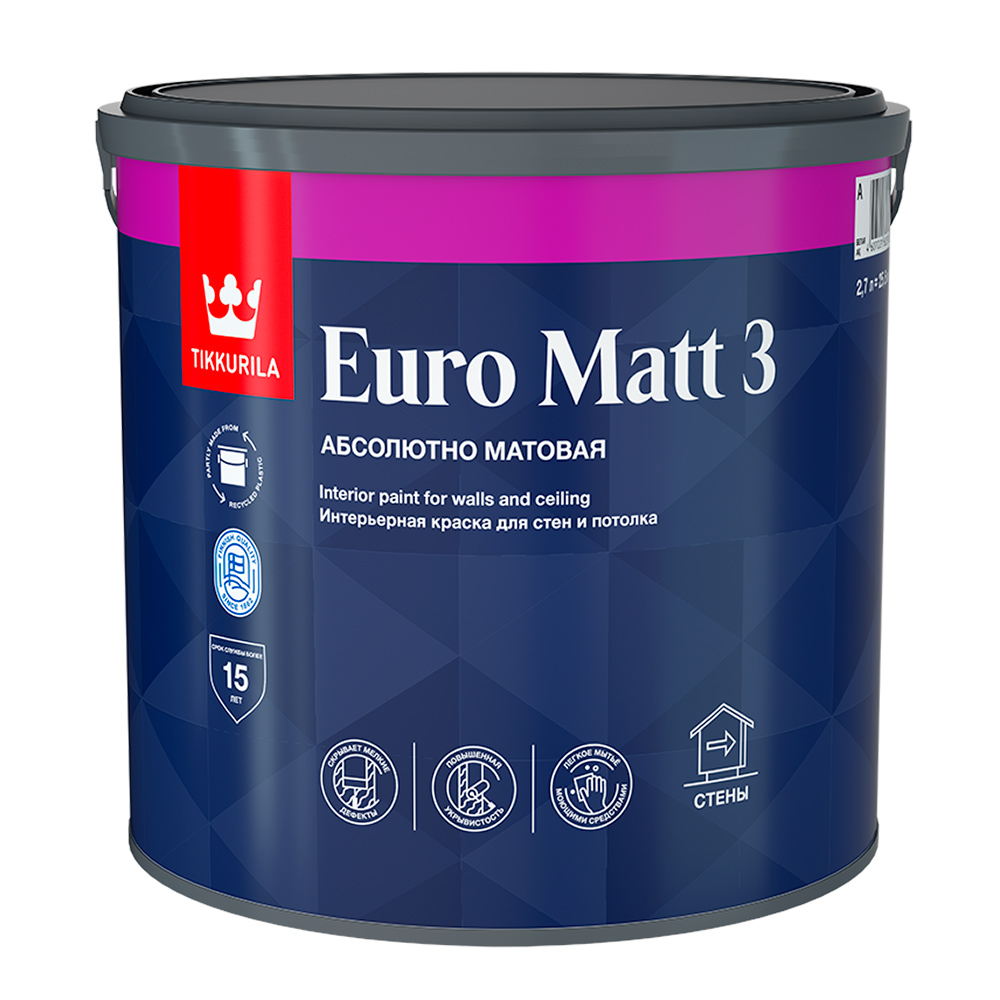 Краска интерьерная Tikkurila Euro Matt 3 база А белая 2,7 л краска интерьерная euro matt 3 евро 3 tikkurila 0 9л белый база а