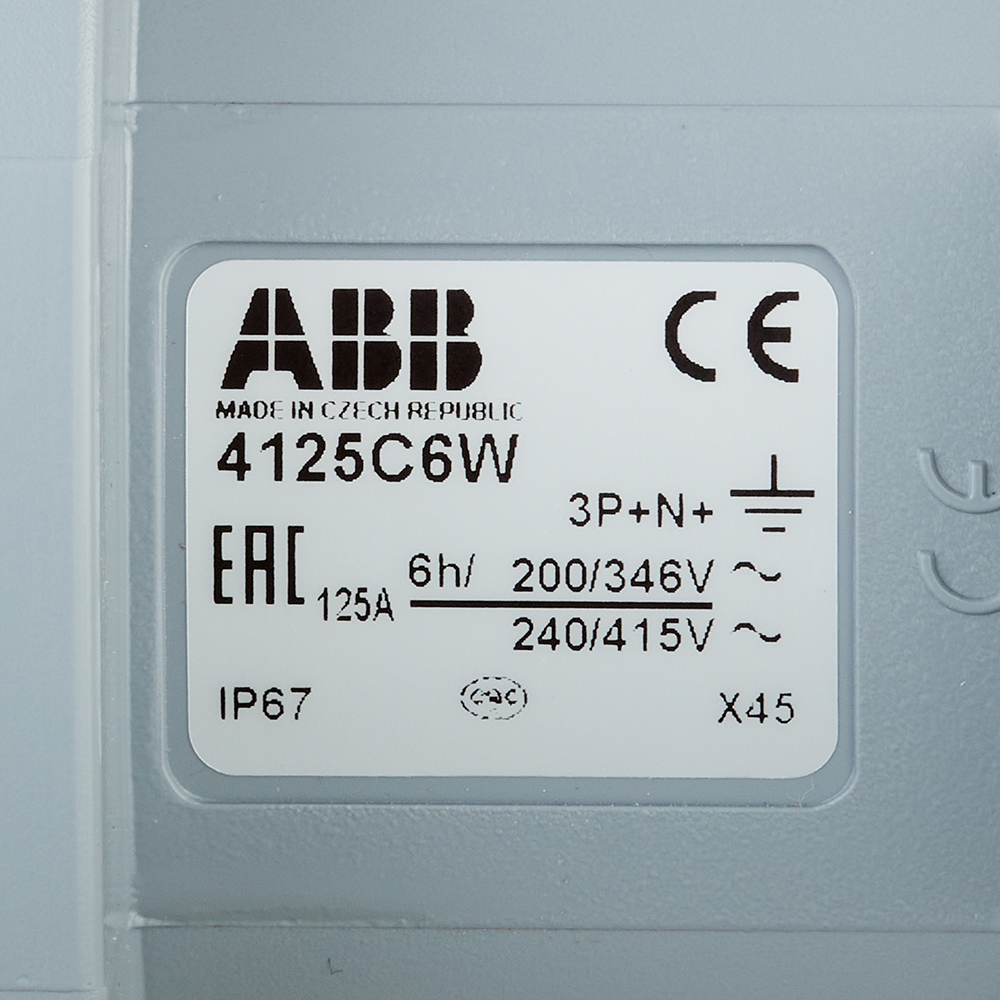 фото Розетка кабельная abb 4125c6w прямая переносная с заземлением 3p+n+e 3 фазы 125 а 400 в ip67 с крышкой