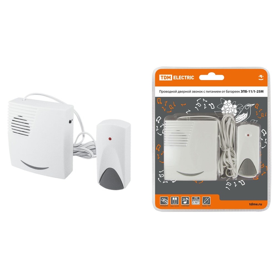 Звонок TDM 11/1-25М проводной с кнопкой 25 мелодий белый — купить в ...