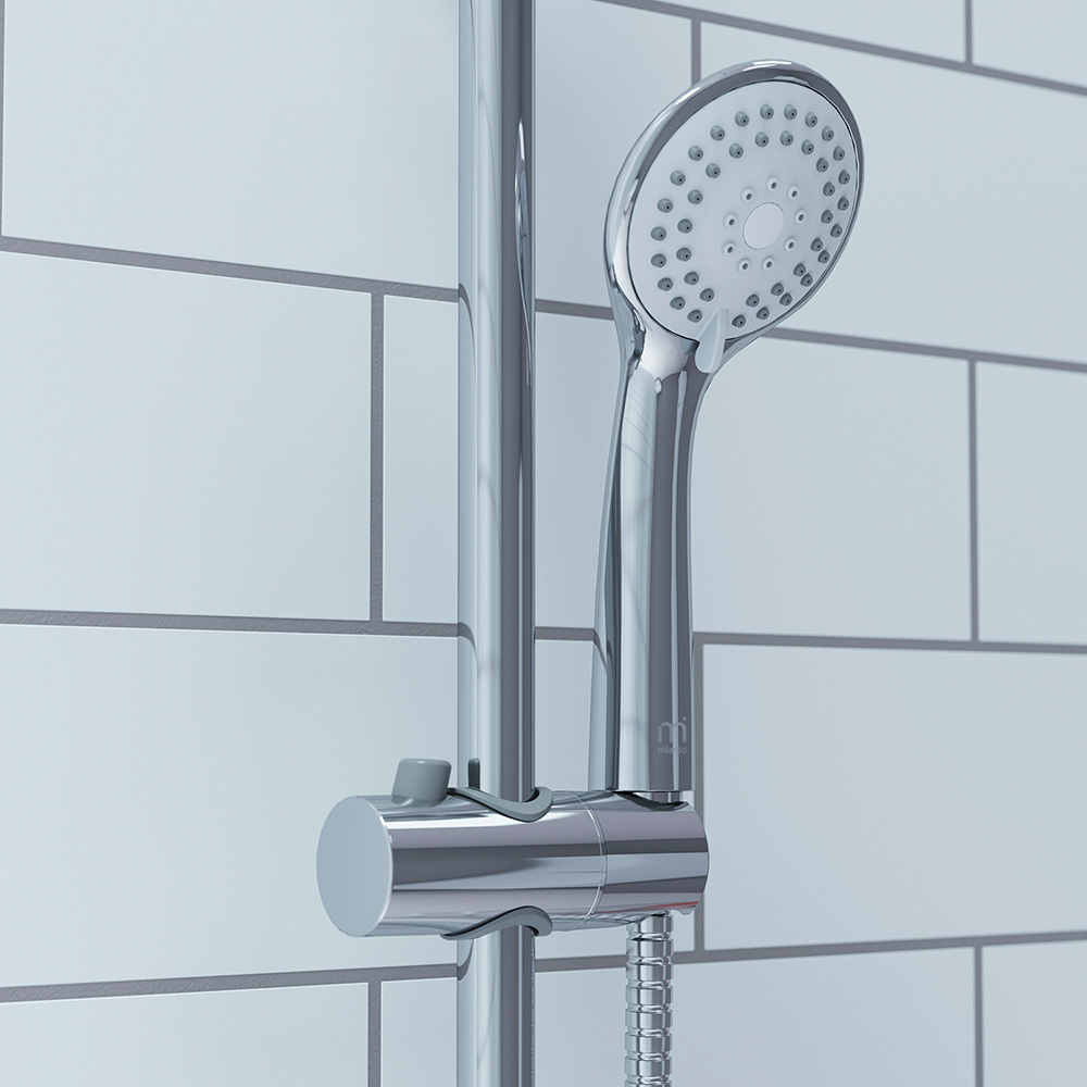 фото Душевой гарнитур milardo shower set 3703f24m76 с лейкой d 80 мм со стойкой 850-1150 мм с верхней лейкой d 200 мм