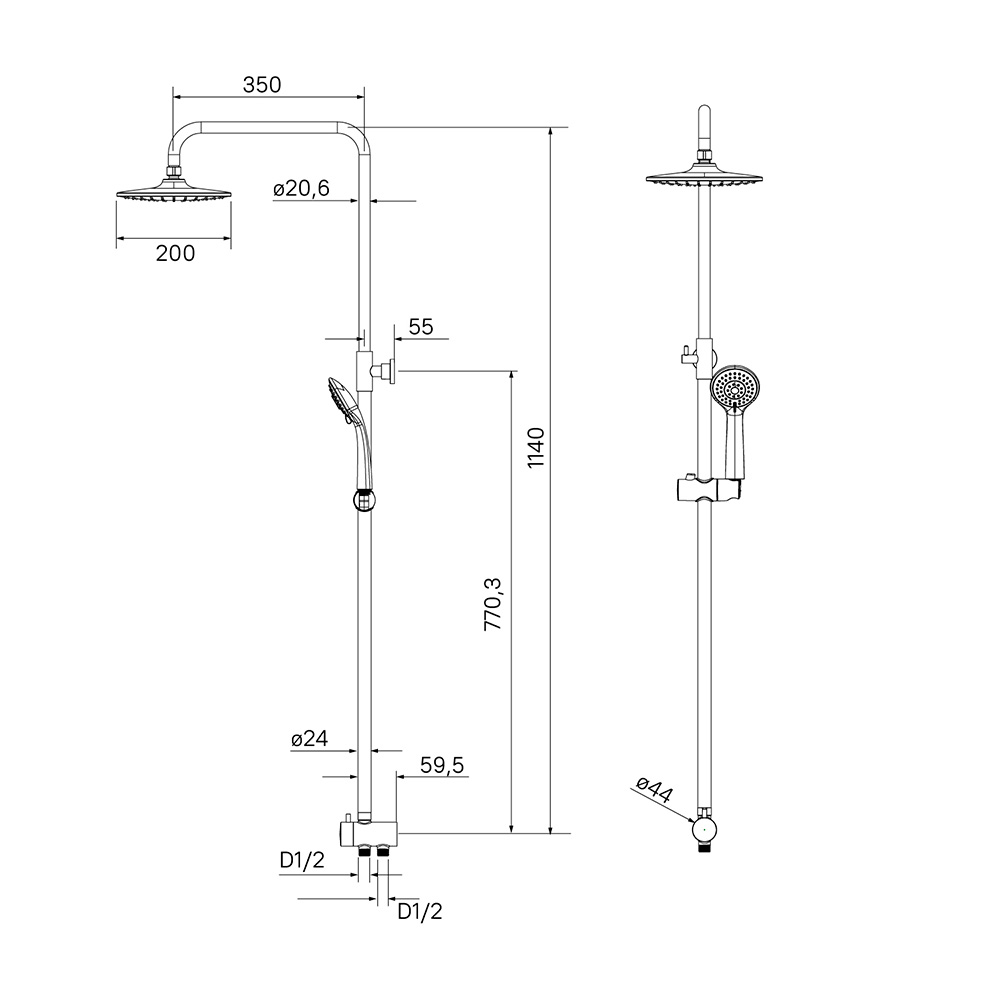 фото Душевой гарнитур milardo shower set 3703f24m76 с лейкой d 80 мм со стойкой 850-1150 мм с верхней лейкой d 200 мм