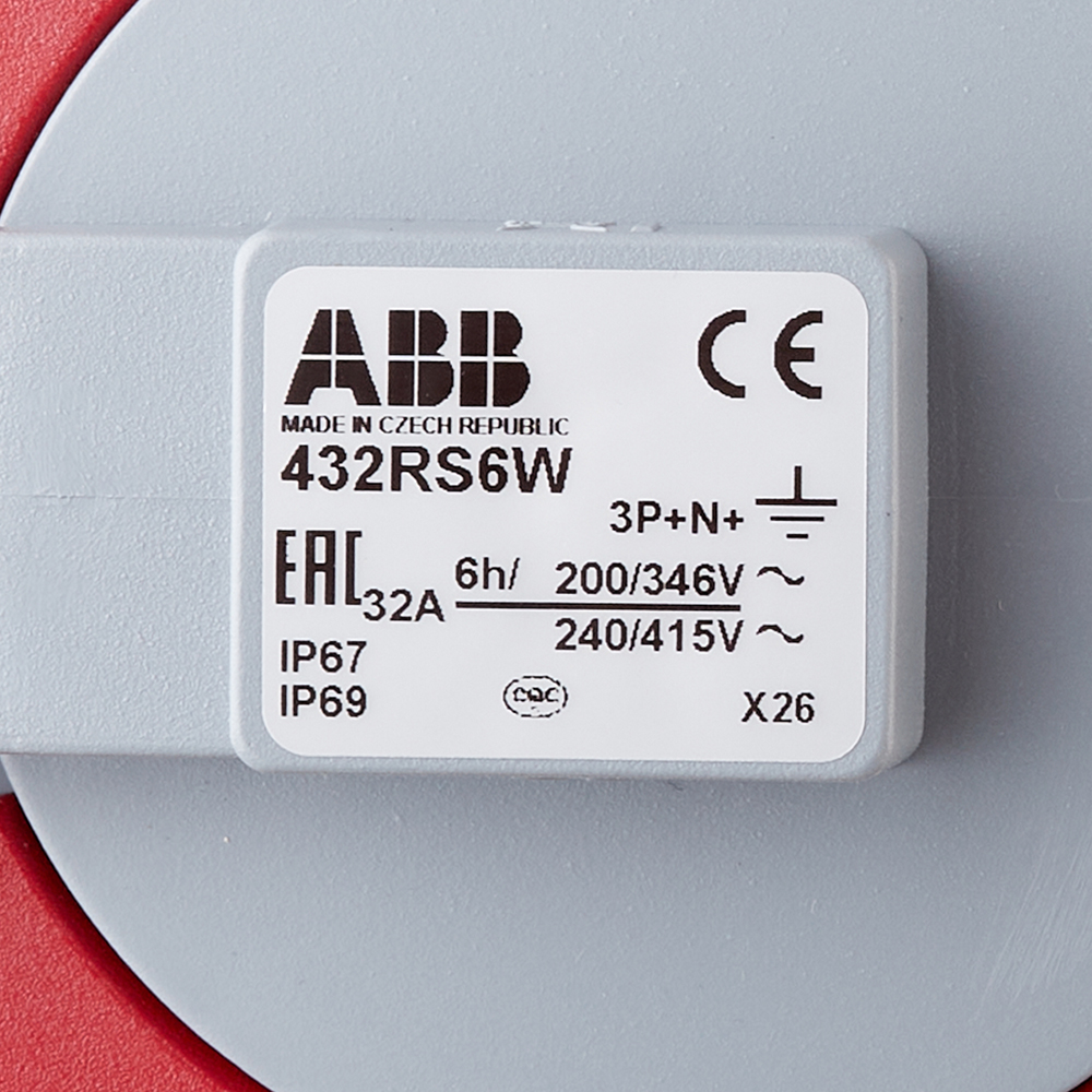 фото Розетка кабельная abb 432rs6w прямая настенная с заземлением 3p+n+e 3 фазы 32 а 400 в ip67 с крышкой