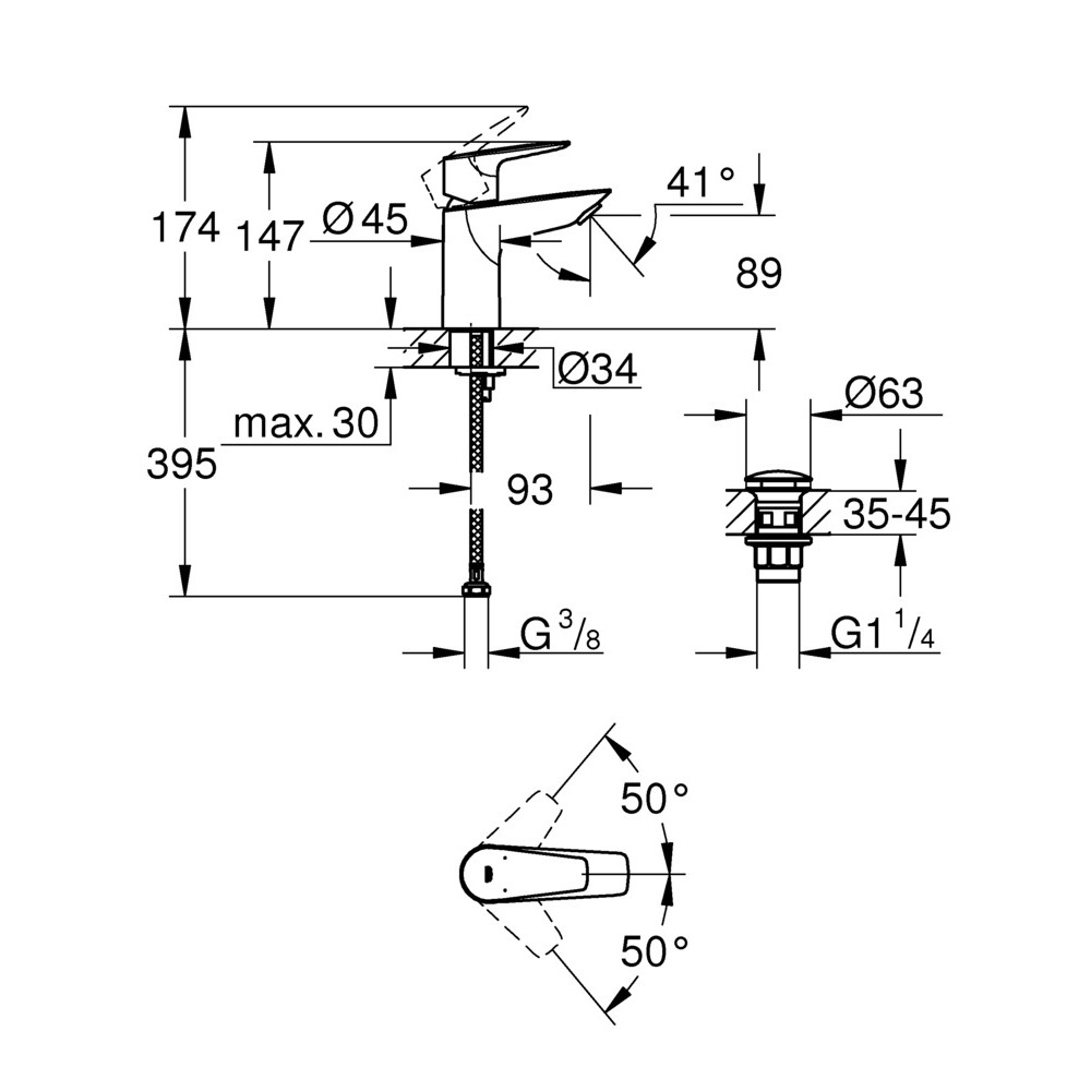 фото Смеситель для раковины с коротким изливом grohe start edge 23580001 однорычажный с донным клапаном хром