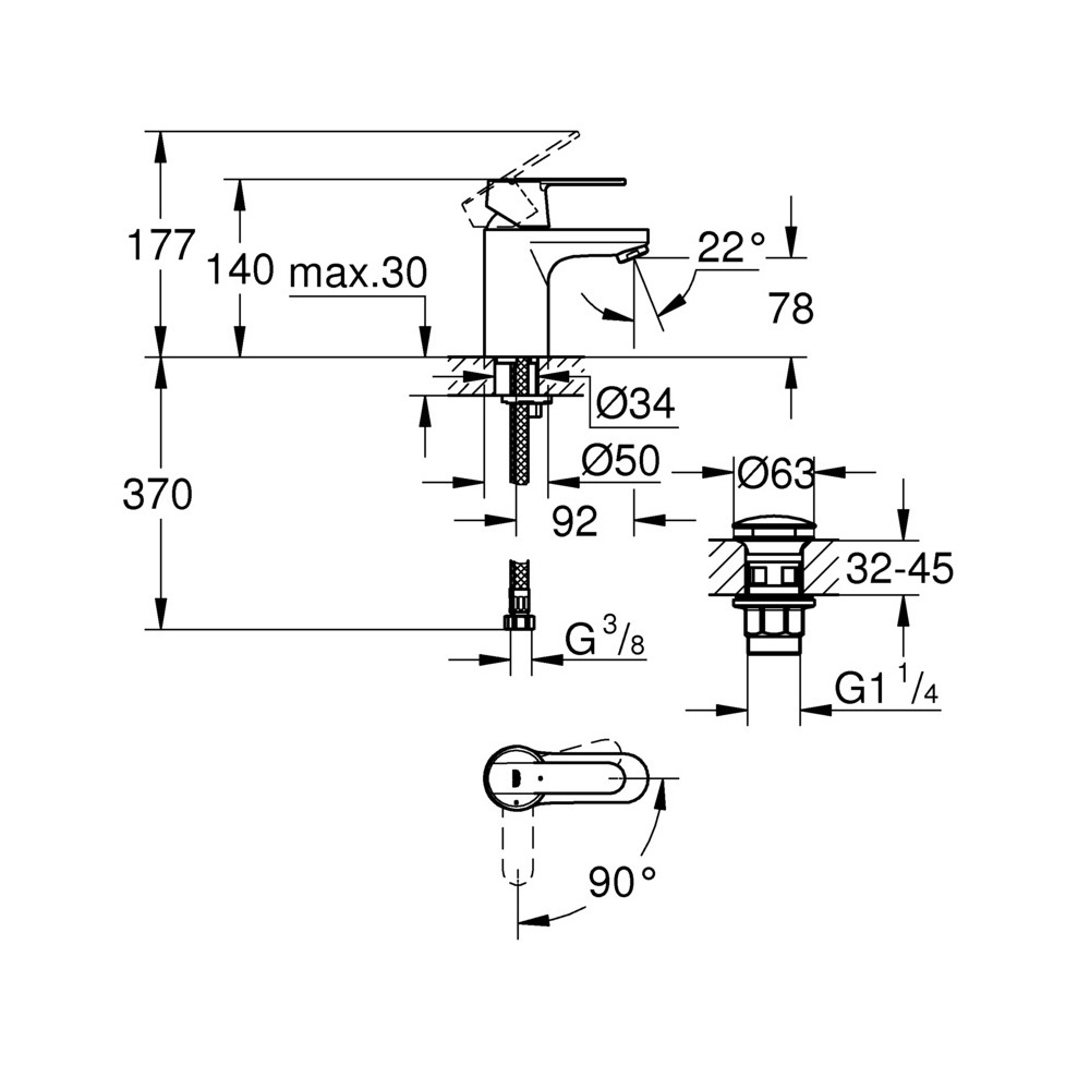 фото Смеситель для раковины с коротким изливом grohe get 23586000 однорычажный с донным клапаном хром