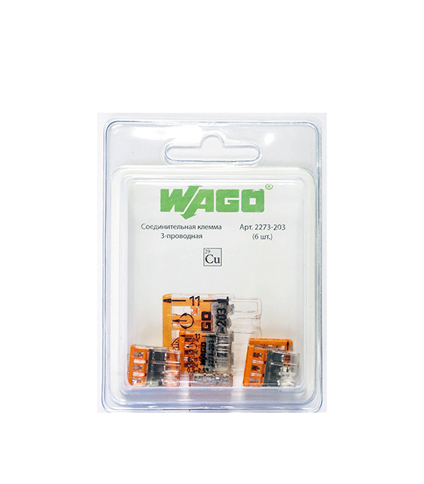 

Клемма на 3 провода Wago 2273-203 0,5-2,5 кв. мм самозажимная без пасты (6 шт.)