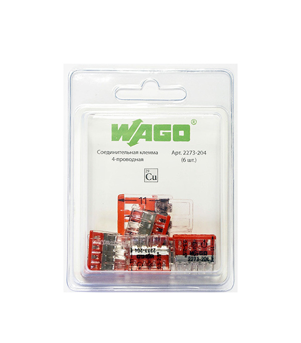 

Клемма на 4 провода Wago 2273-204 0,5-2,5 кв.мм самозажимная без пасты (6 шт.) (2567/2273-204)