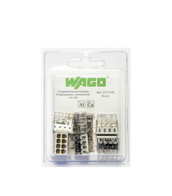 

Клемма на 8 проводов Wago 2273-248 0,5-2,5 кв. мм самозажимная с пастой (6 шт.)