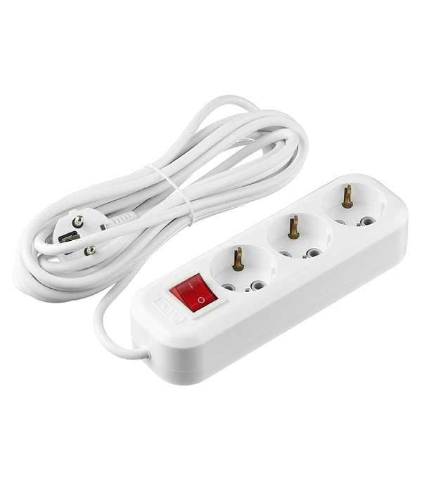 Удлинитель 3 гнезда с заземлением, 16А, 5м, с выключателем, LUX ...