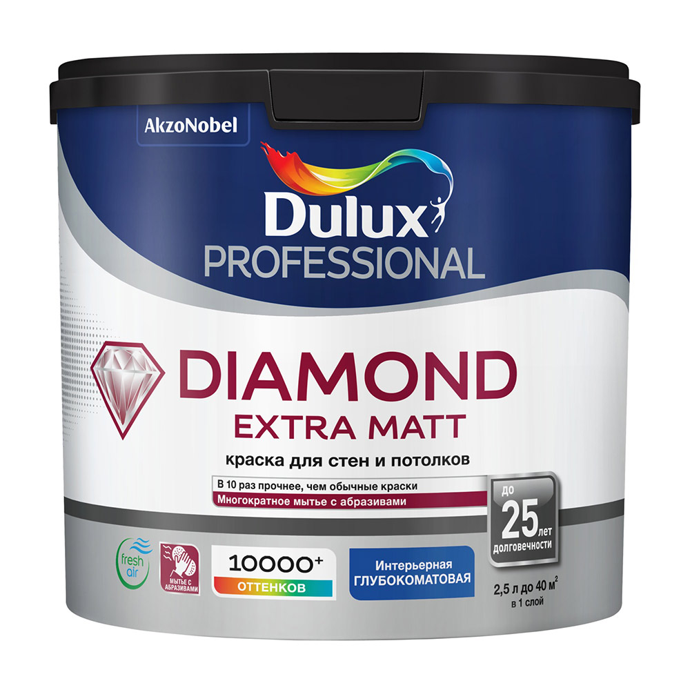 Краска моющаяся Dulux Diamond Extra Matt база BС бесцветная 2,5 л краска моющаяся dulux bindo 7 экстрапрочная база bс бесцветная 2 25 л