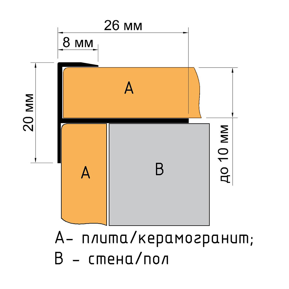 фото Профиль алюминиевый для кафельной плитки до 10 мм окантовочный г-образный 2700х26х20 мм