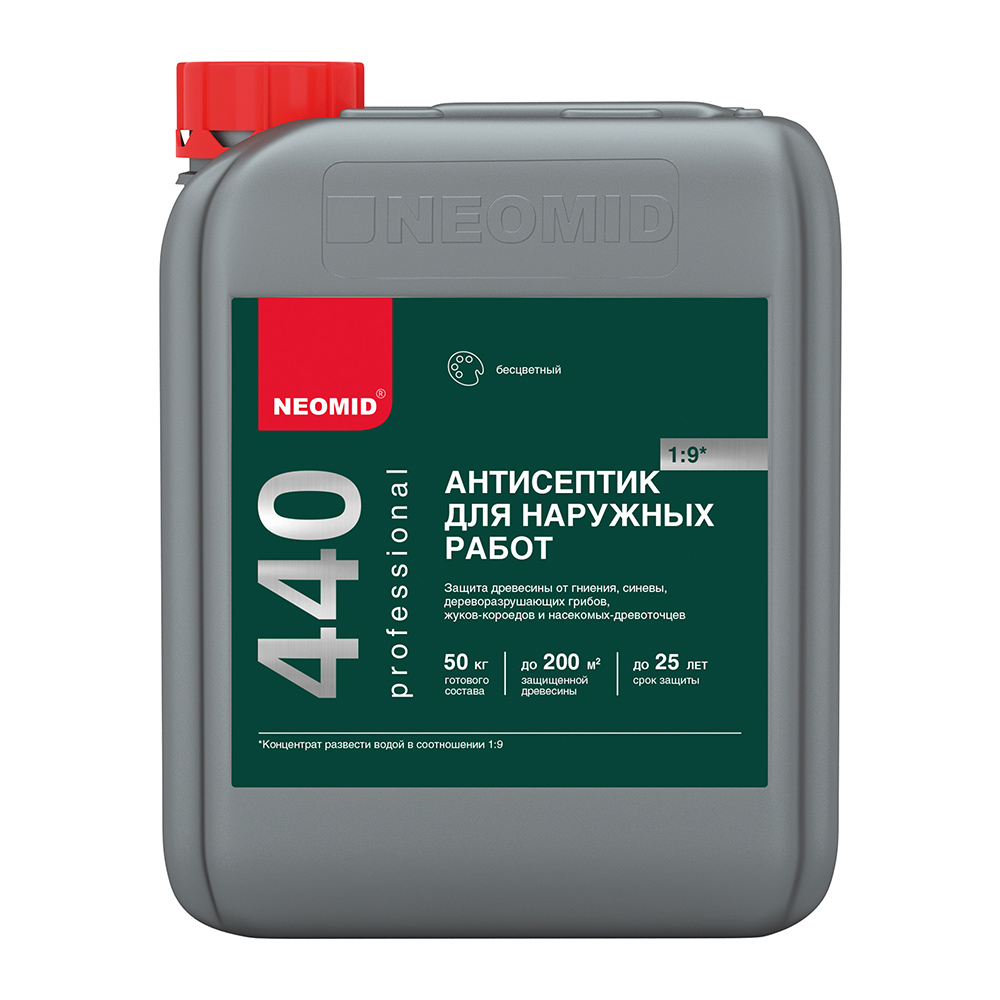 Антисептик Neomid 440 Еco для наружных работ для дерева биозащитный концентрат 1:9 5 л бесцветный