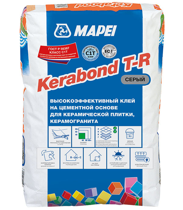 Клей для плитки/ керамогранита/ камня Mapei Kerabond T-R высокопрочный серый класс С1 Т 25 кг клей для плитки керамогранита камня боларс гранит высокопрочный серый класс c1 te 25 кг