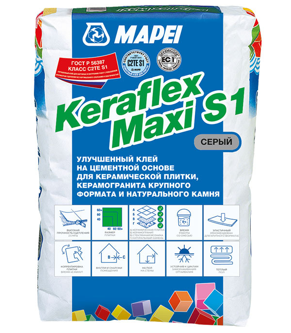 Клей для плитки/ керамогранита/ камня Mapei Keraflex Maxi S1 эластичный серый класс С2 ТЕ S1 25 кг