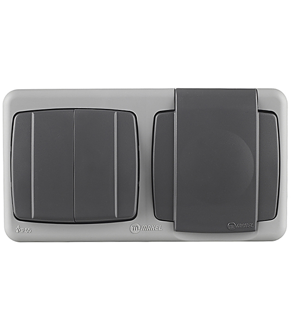 фото Блок выключателя с розеткой makel 36064208 двухклавишный открытая установка серый с заземлением ip55 с быстрозажимными контактами