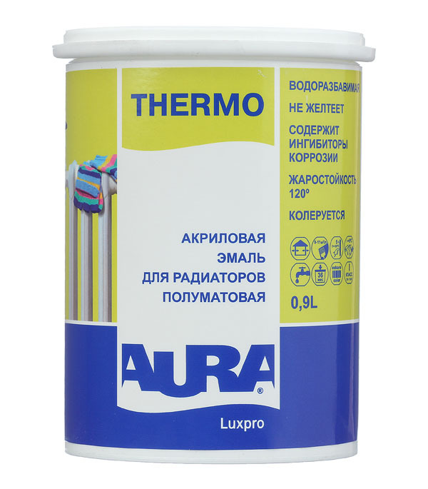 Эмаль для радиаторов Aura Luxpro Thermo база А белая полуматовая акриловая 0,9 л эмаль акриловая для радиаторов aura luxpro termo 0 9л арт 4607003911225