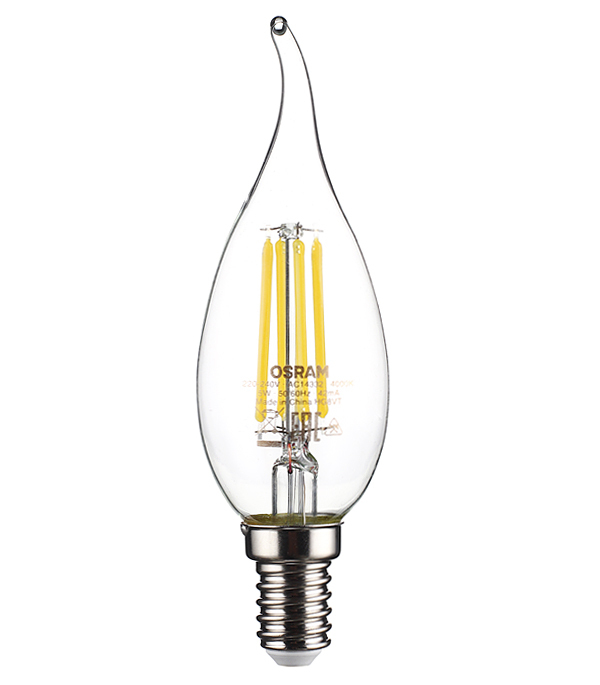 фото Лампа светодиодная филаментная osram e14 4000к 5 вт 600 лм 220-230 в свеча на ветру прозрачная