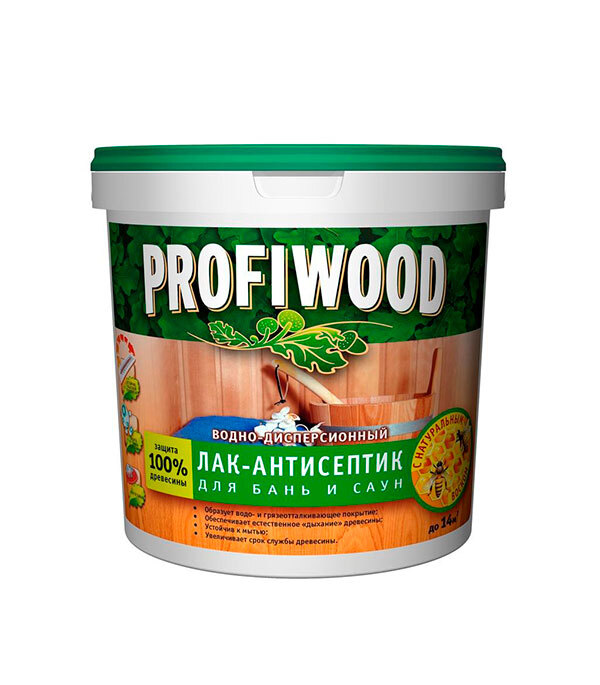Лак антисептик Profiwood для бань и саун акриловый бесцветный 0,9 кг престиж для бань и саун 2 5кг лак антисептик акриловый