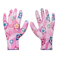 Перчатки нейлоновые для садовых работ КМ с нитриловым обливом в цветочек 8 (M) розовые