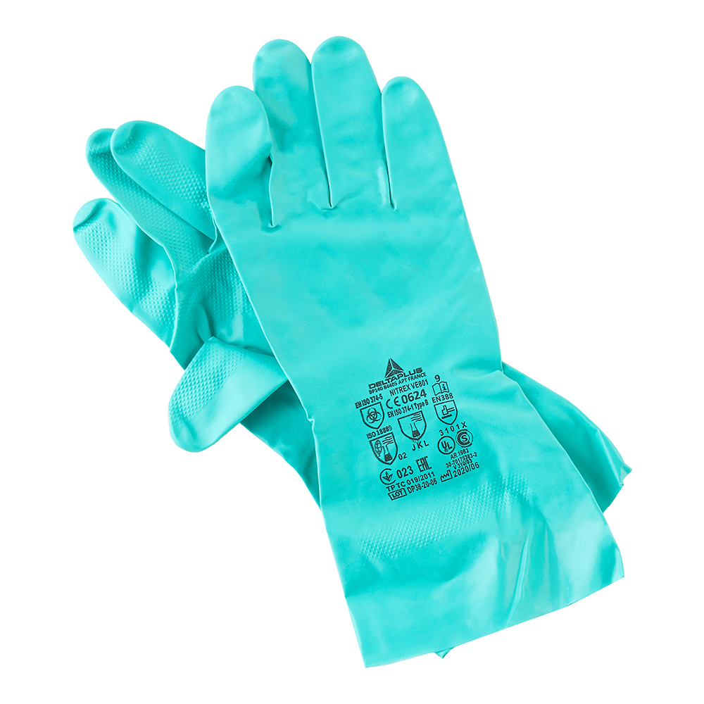 фото Перчатки для защиты от воздействия химикатов delta plus (ve801ve09) нитриловое покрытие влагонепроницаемые 9 (l) зеленые