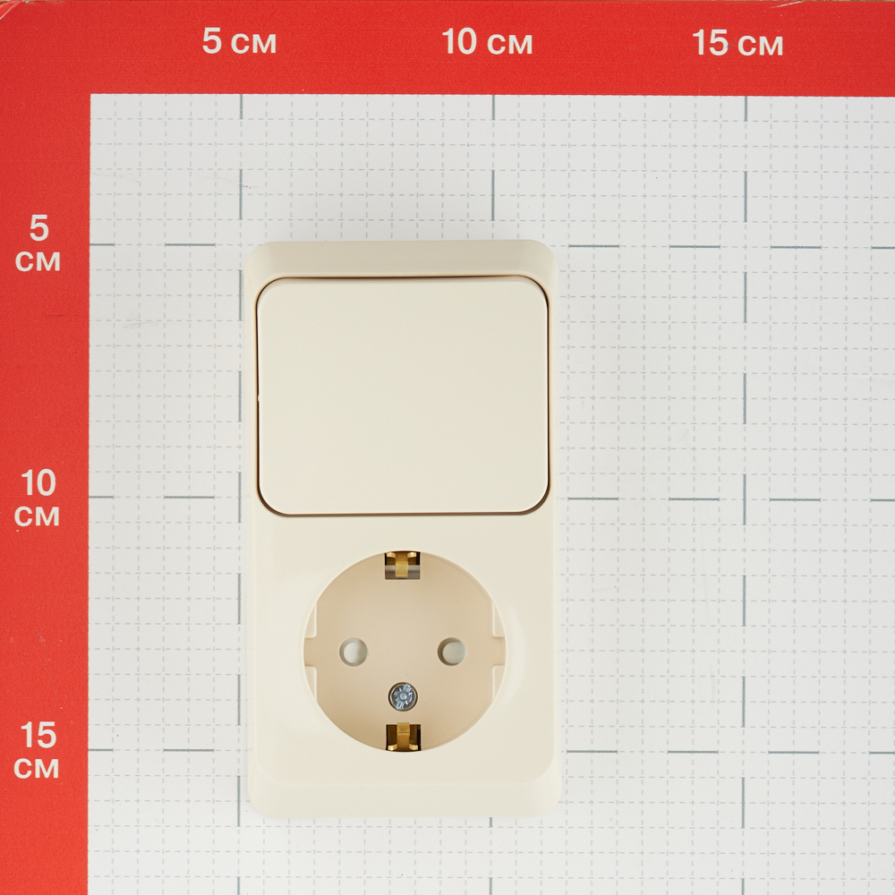 фото Блок выключателя с розеткой schneider electric этюд bpa16-201k одноклавишный открытая установка кремовый с заземлением ip20 со шторками